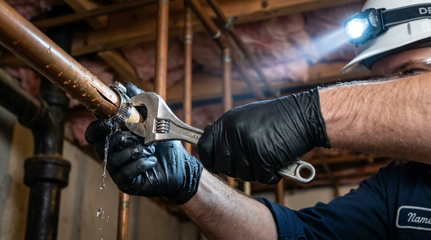 Emergency pipe clamp repair being performed by a Johns Plumbing LLC plumber in Navasota