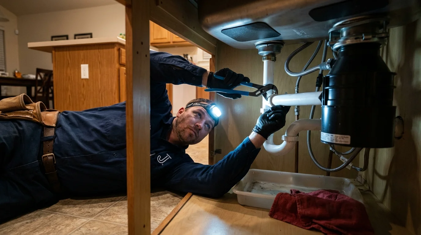 P-trap and supply line connections under a kitchen sink showing a common leak point in Navasota, TX